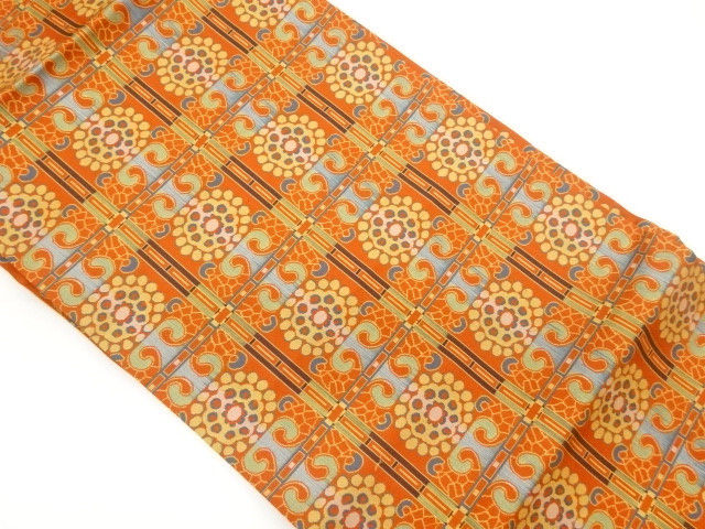 格子に抽象模様織出し名古屋帯